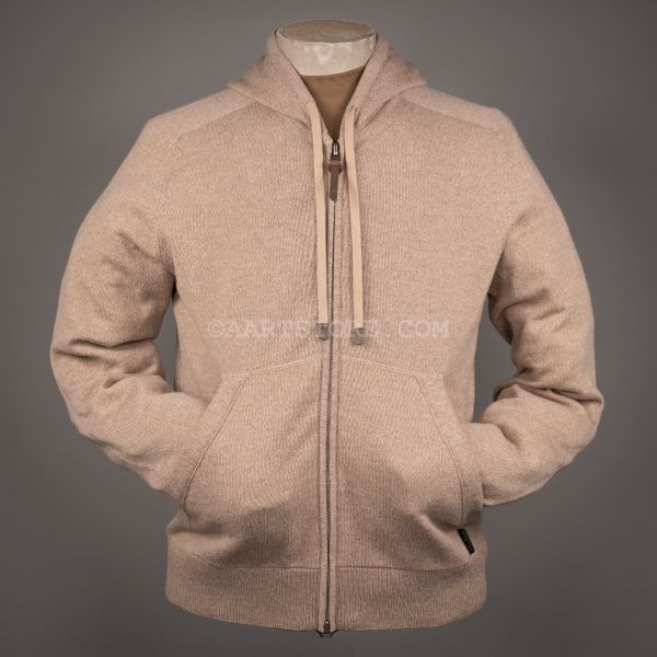 HOODED CASHMERE LOUNGE ZIP THROUGH CAMEL MEL